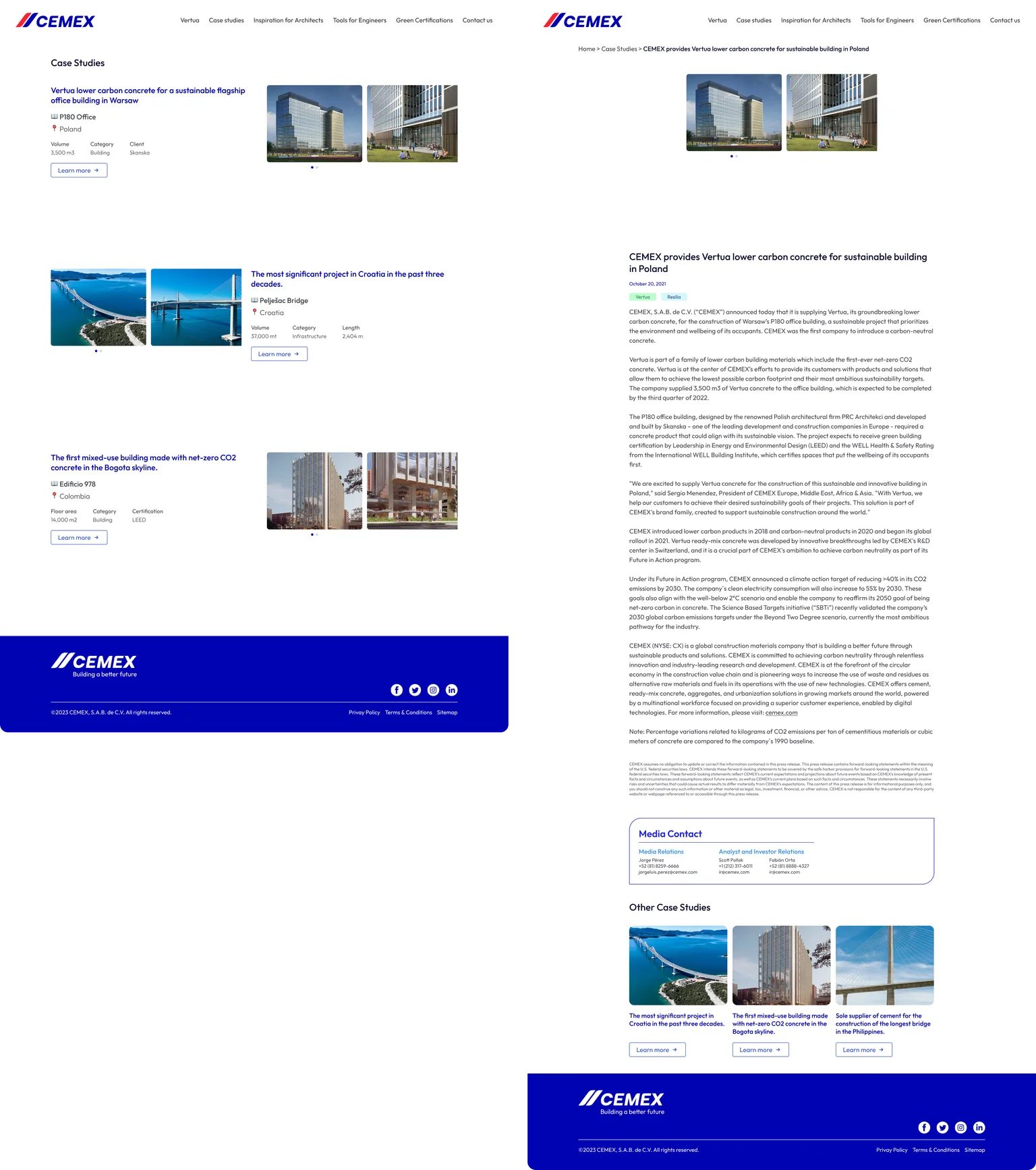 The case studies list and a project page