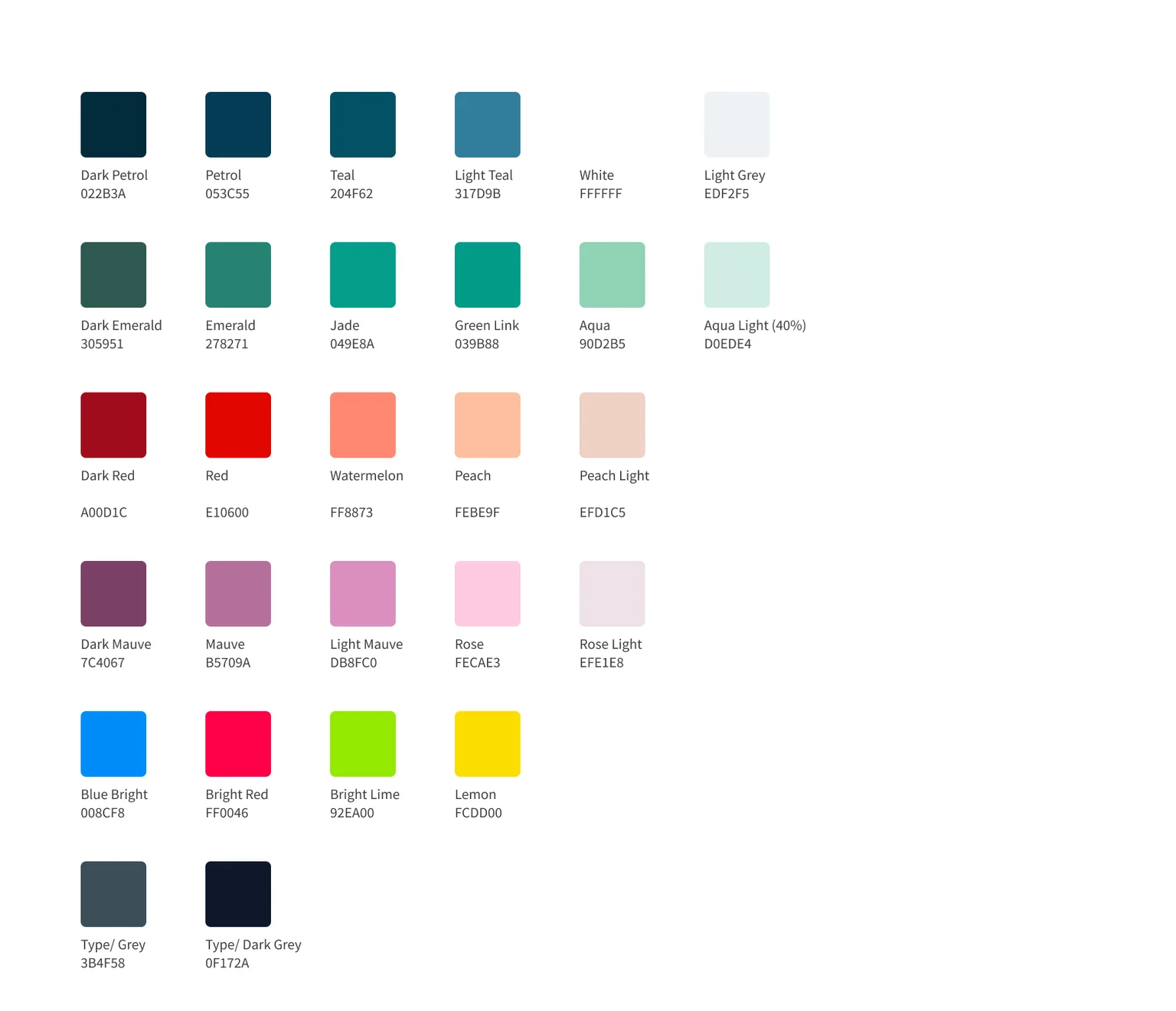 FY23 color styles: hue names, hex values typed as text