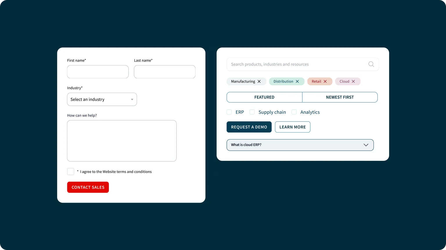 FY25 form components on petrol: text inputs, dropdown, text area, checkbox, search, chips, toggle and buttons