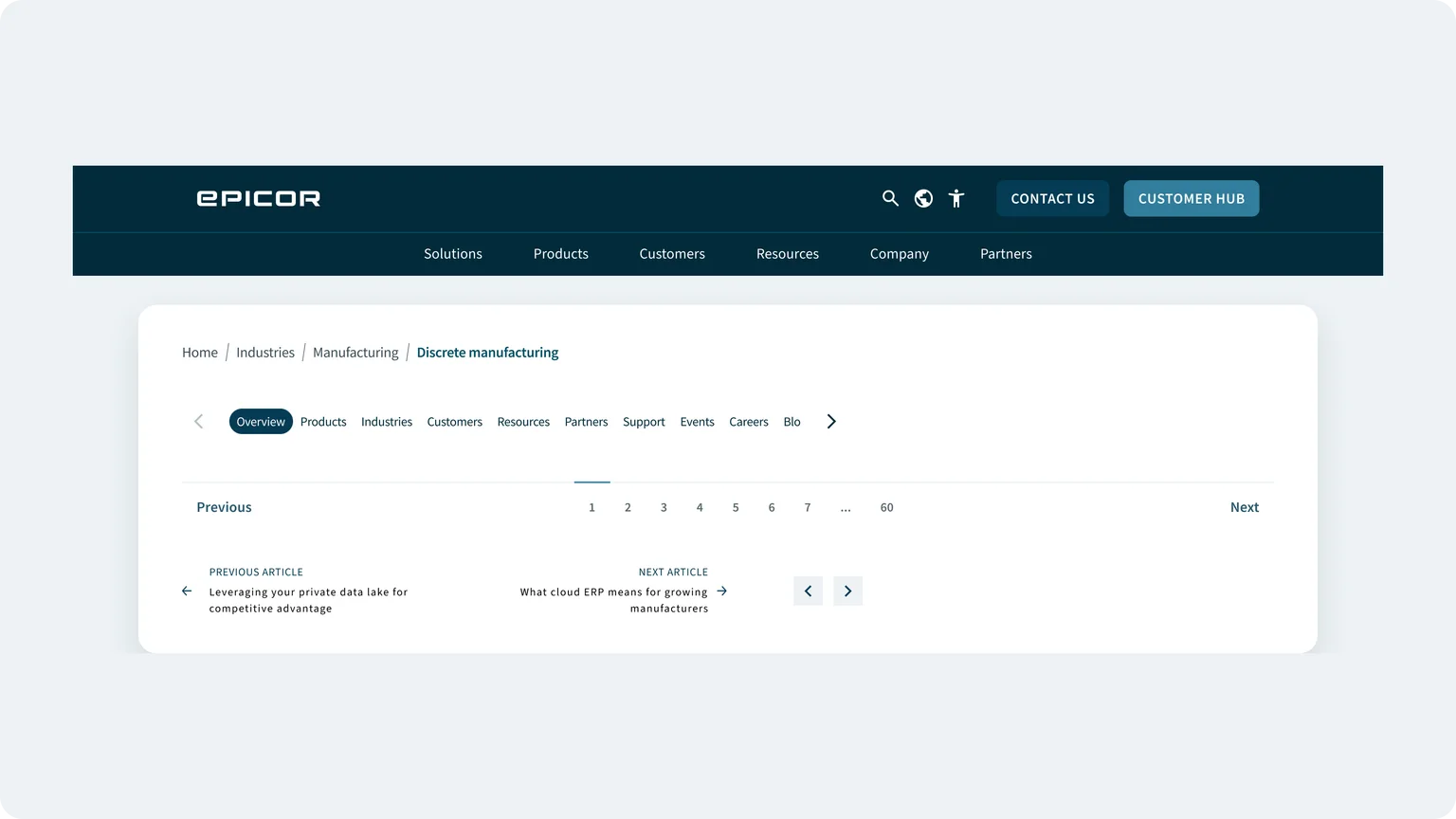 FY25 navigation components: header, breadcrumb, Discover Nav, pagination and article links