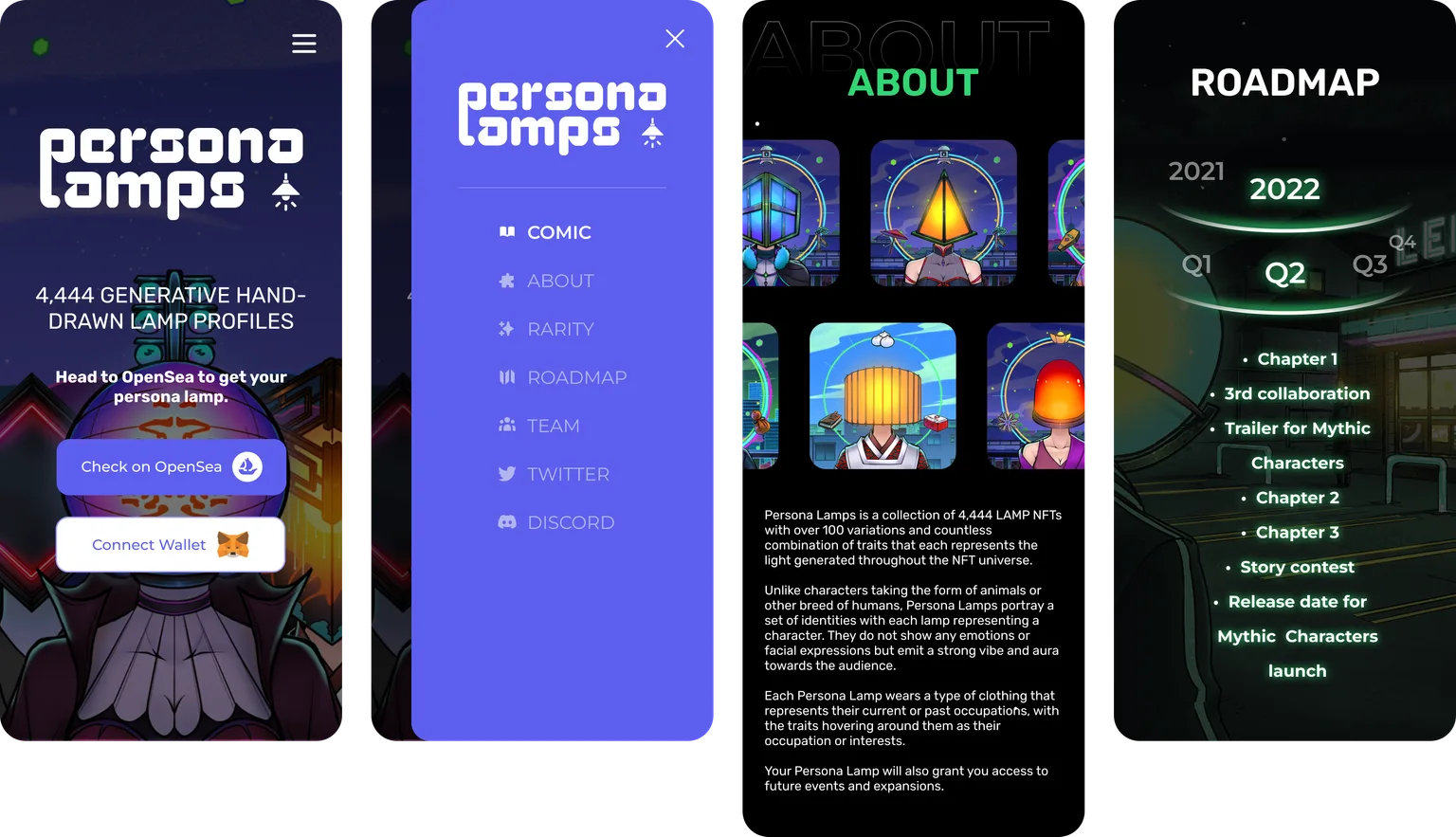 Hero, menu, about and roadmap on mobile