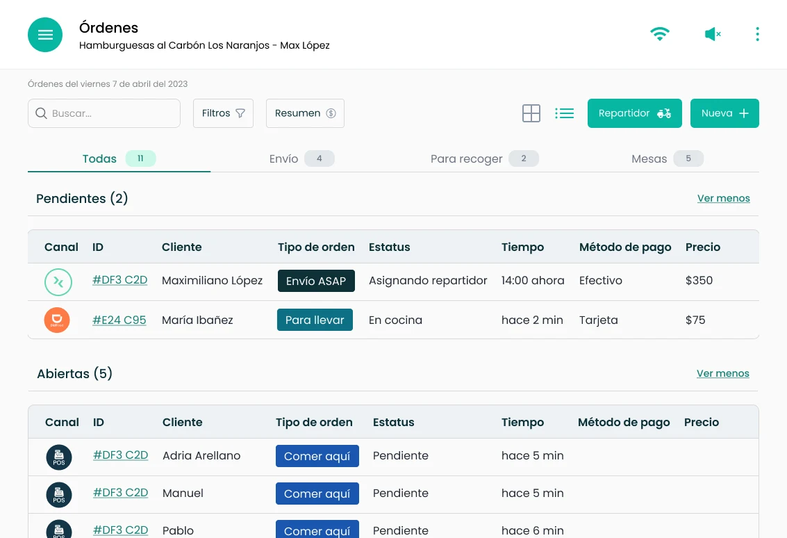 The same orders as a table: channel, ID, customer, order type, status, time, payment method and price