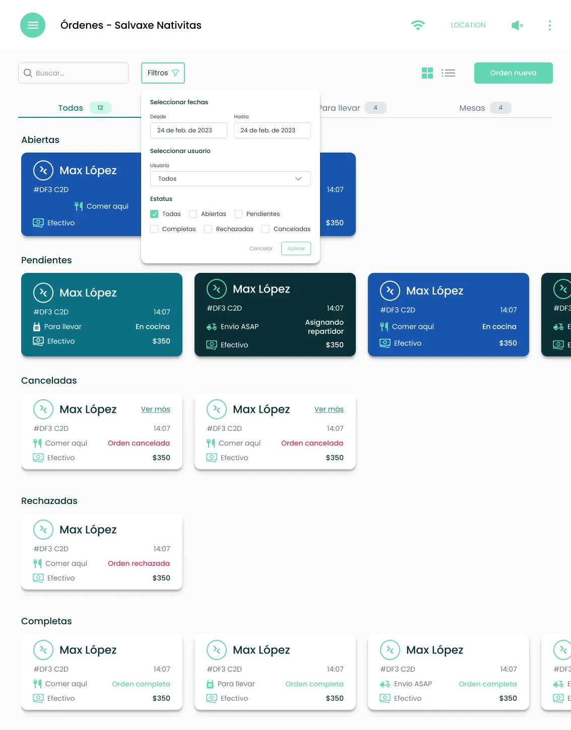 Filters by date, user and status, with cancelled, rejected and completed orders