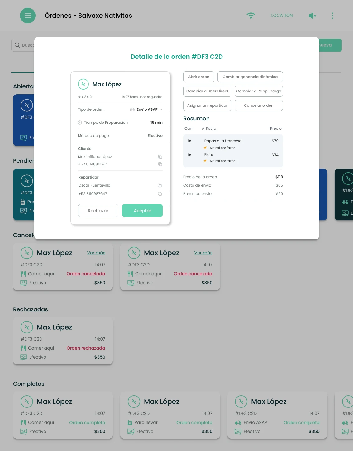 Order detail of a new order, with its actions: accept or reject, open, assign a driver, switch to Uber Direct or Rappi Cargo, cancel