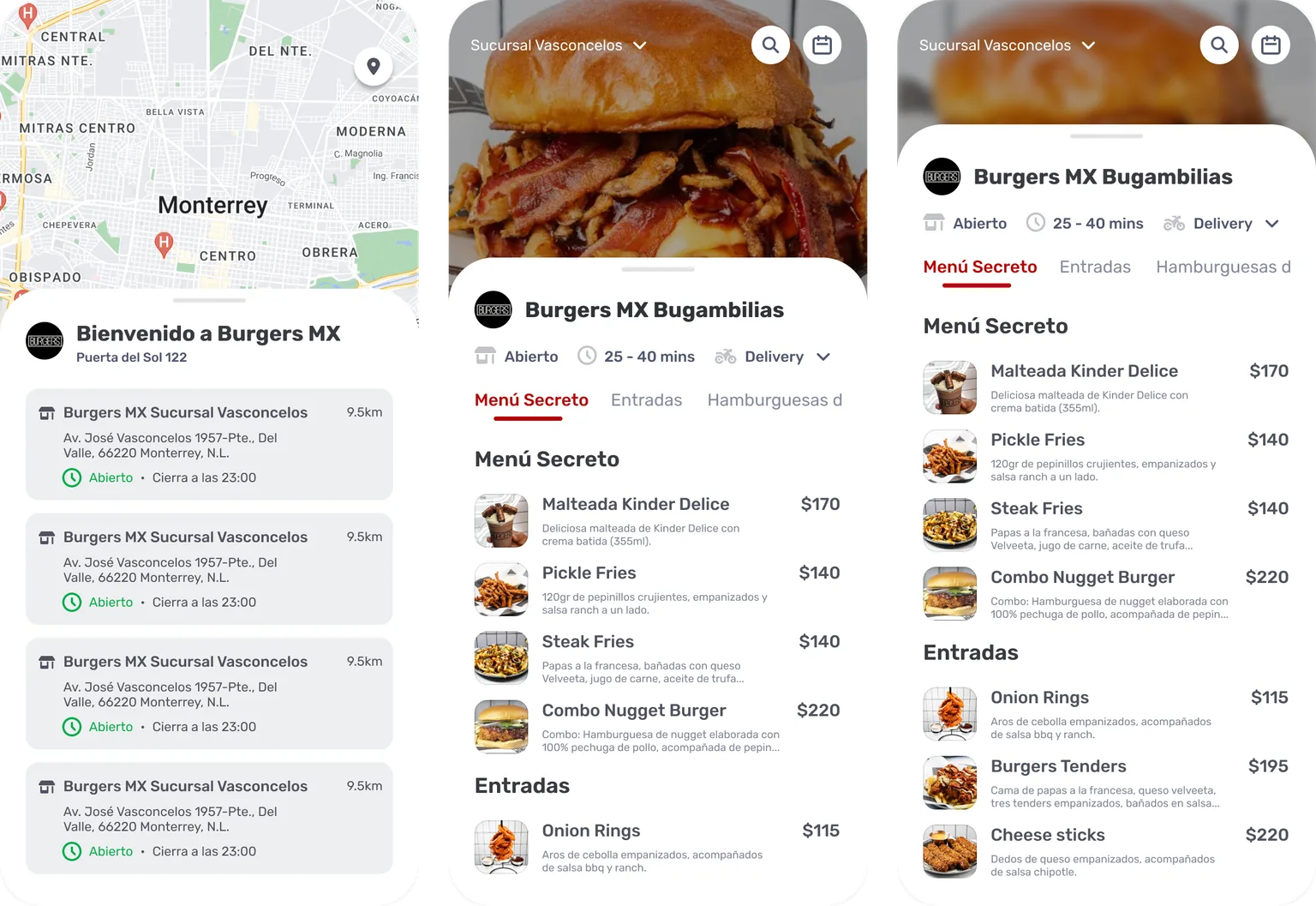 Branch selection, the menu and the menu scrolled