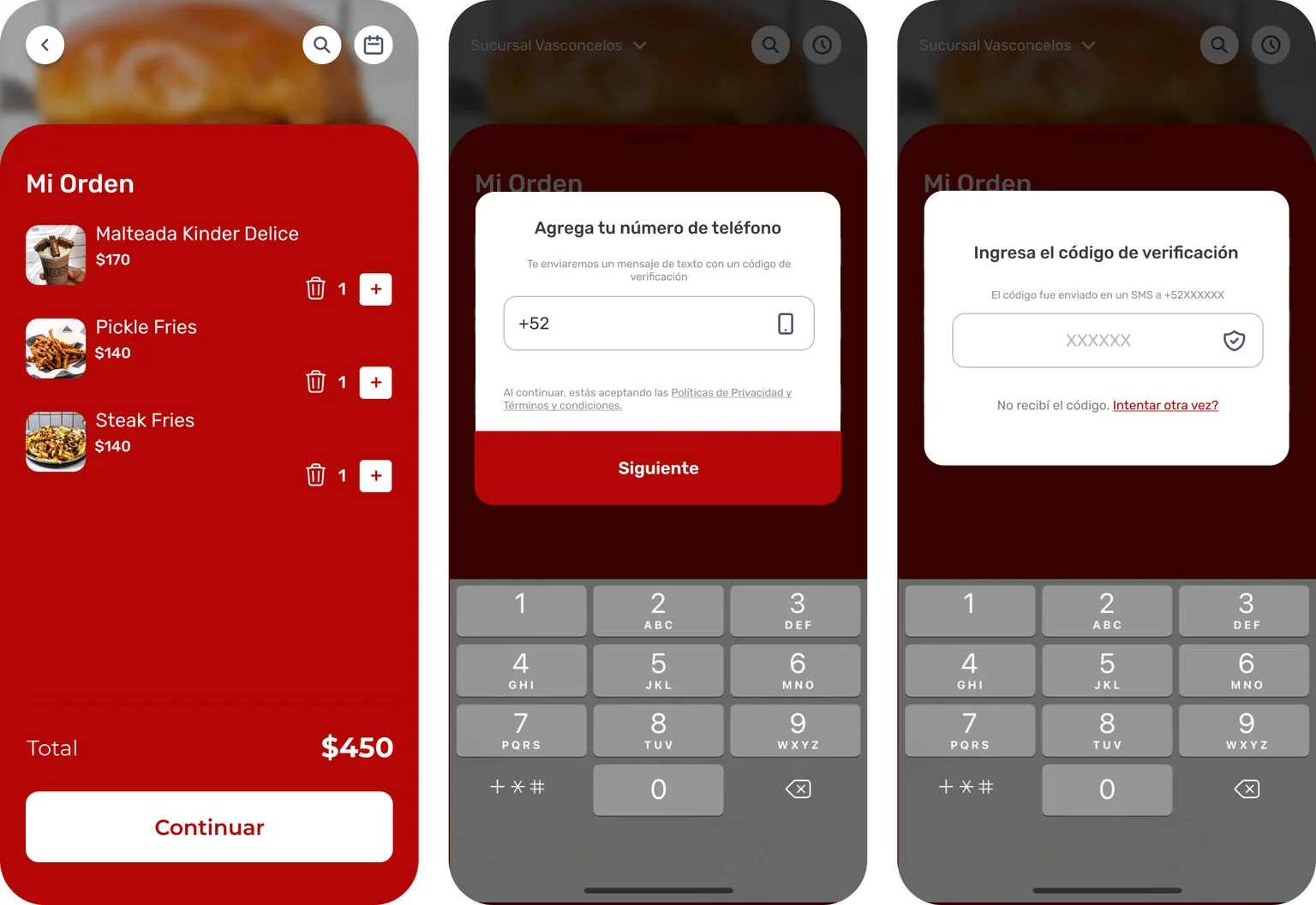 The order, the phone number step and the SMS verification code