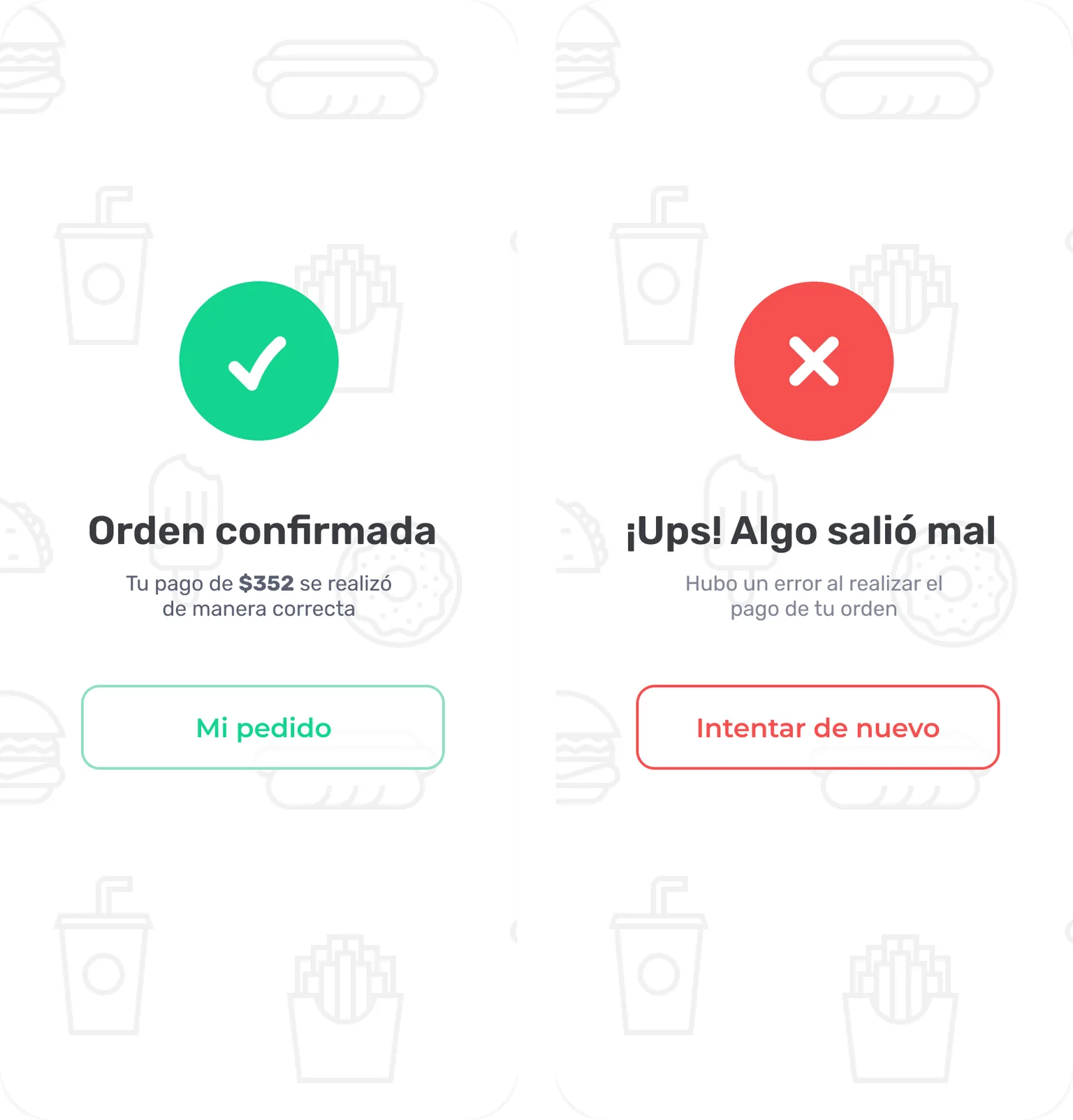 Order confirmed, and the error state when payment fails