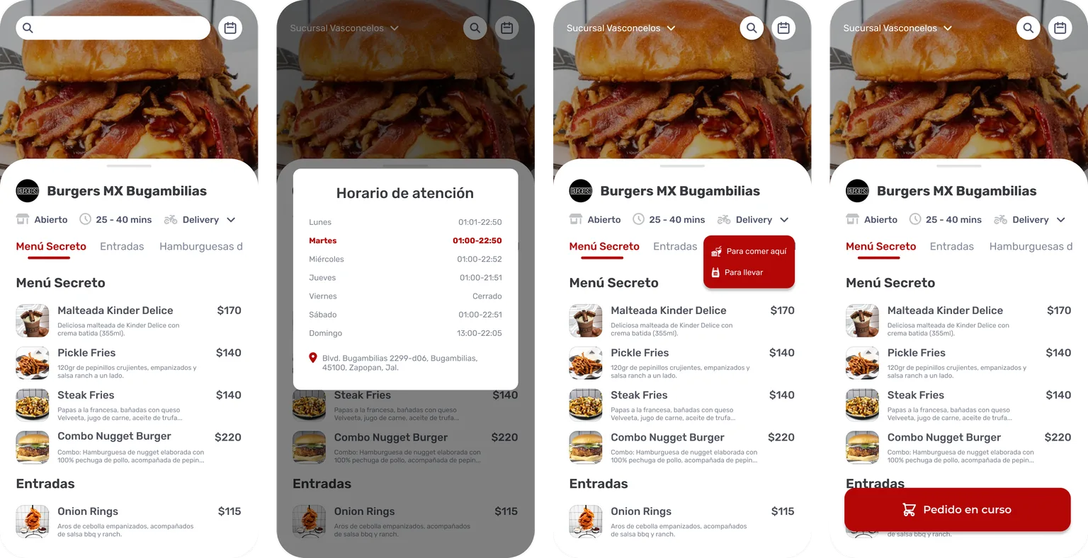 Search, opening hours, order type and an order in progress