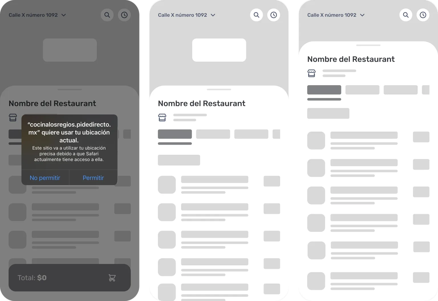 Wireframes: location permission, menu and scrollable menu