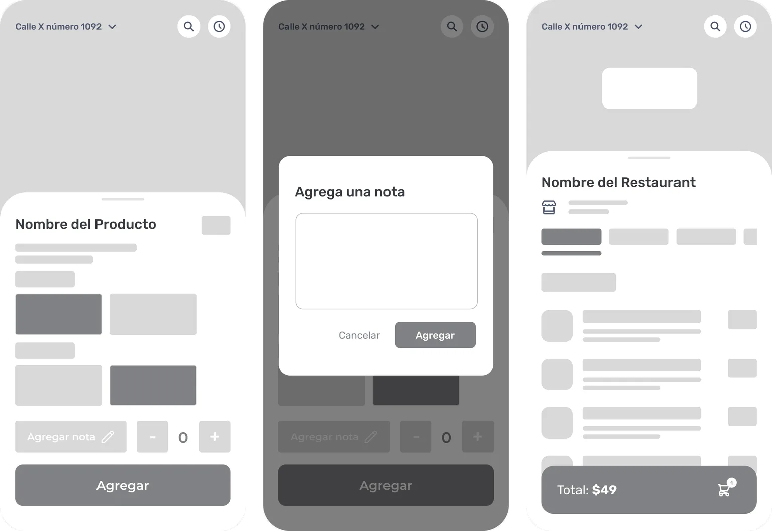 Wireframes: product, note and cart