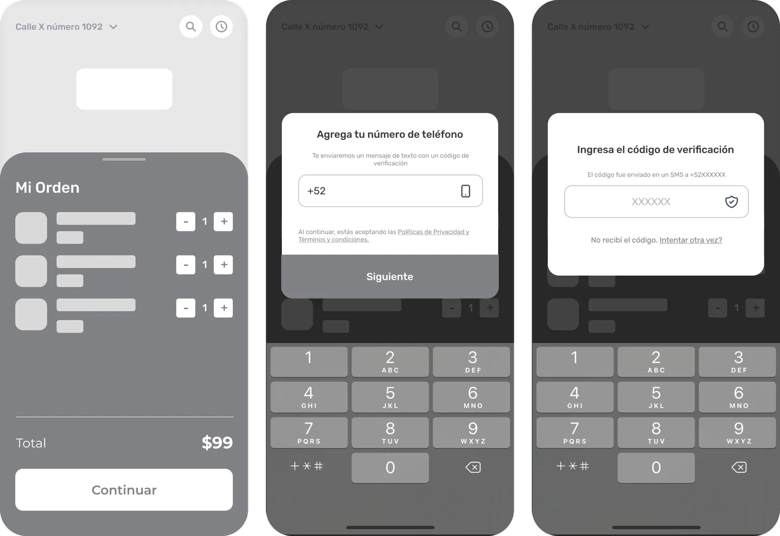 Wireframes: open cart, phone number and verification code