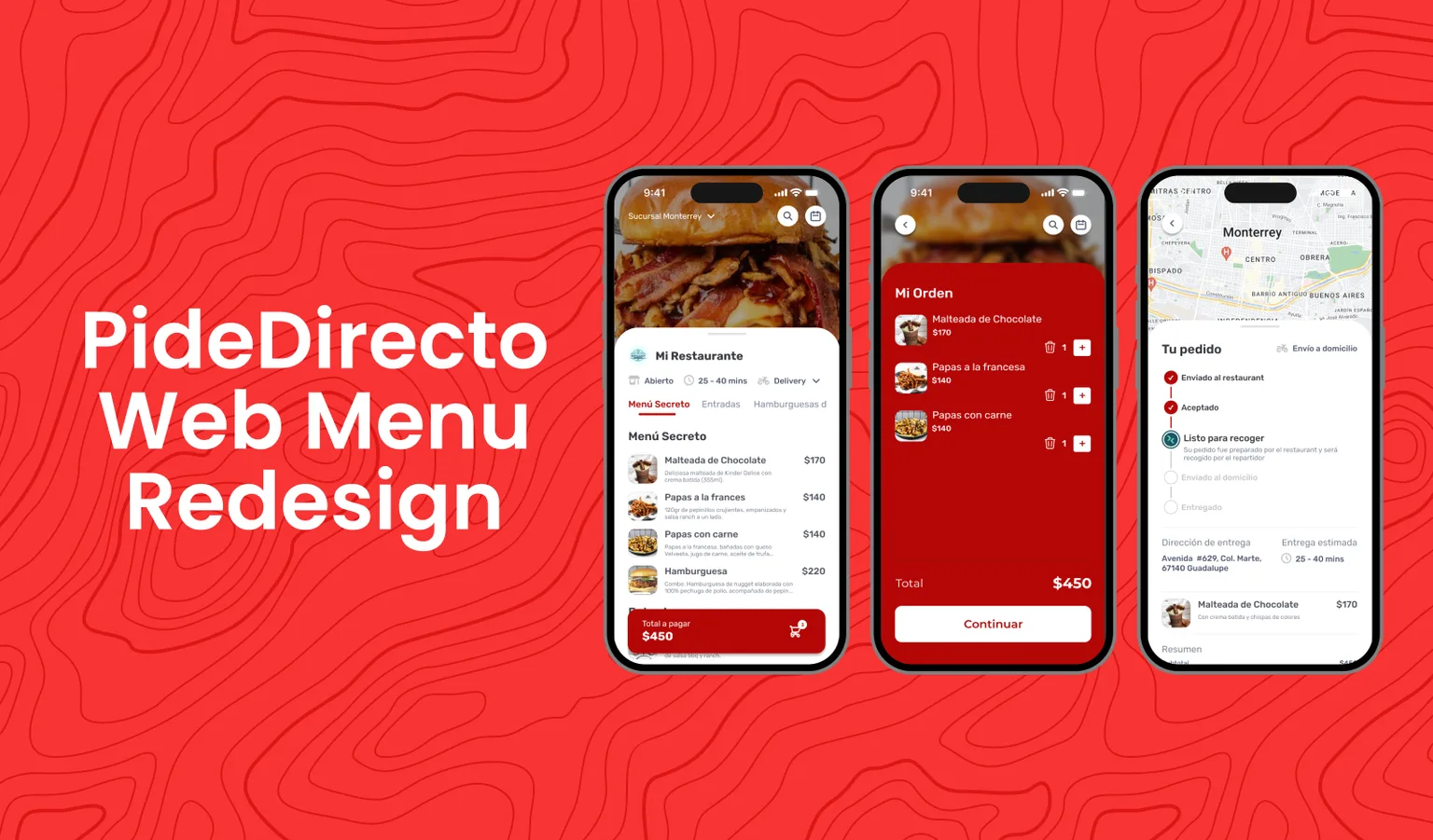Pide Directo Web Menu redesign: menu, order and order status on phones