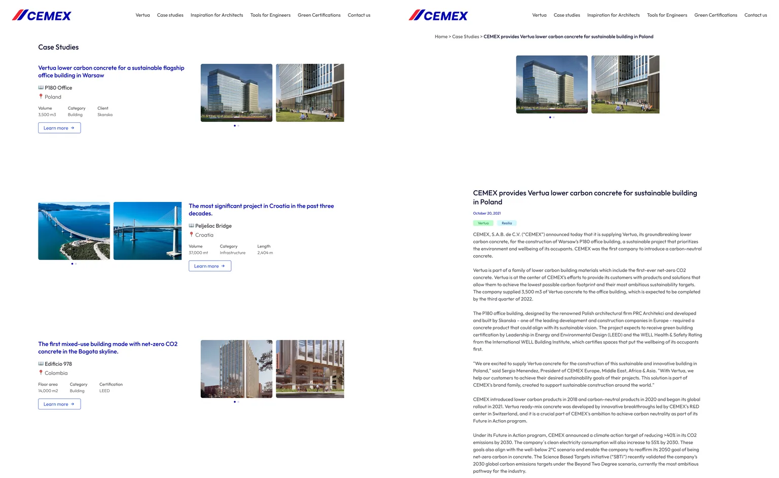 The case studies list and a project page