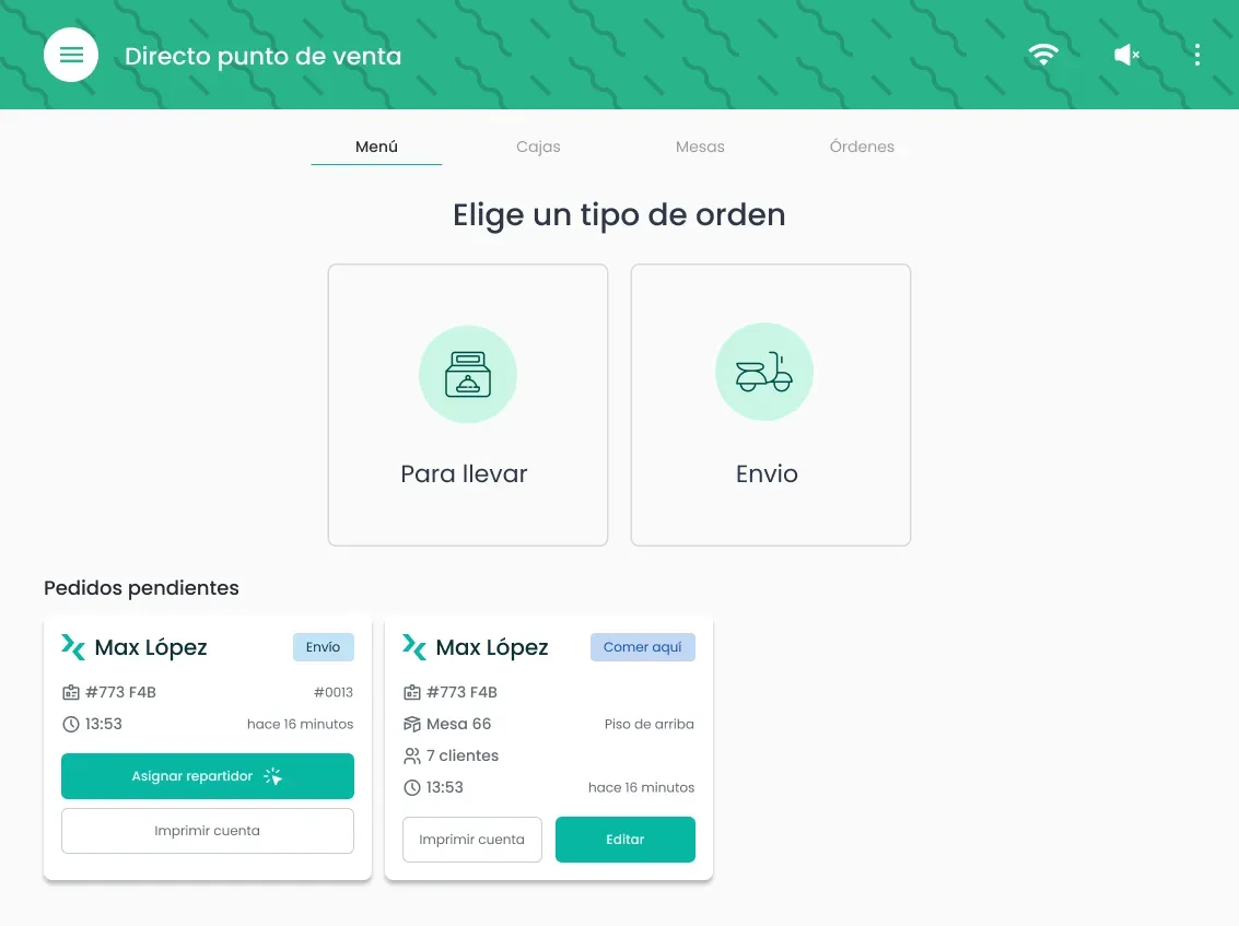 Pide Directo POS start screen with order types and pending orders