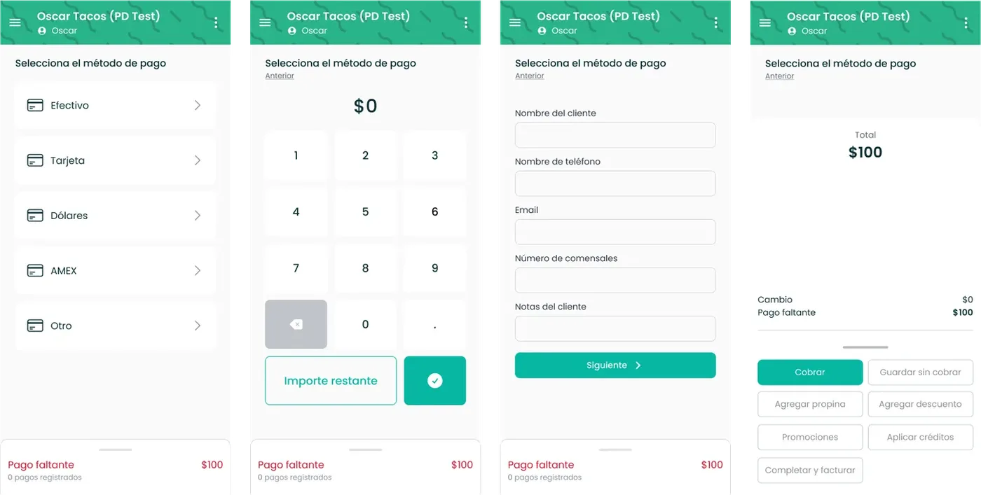 Four phone screens of the checkout: payment method, amount, customer details and summary