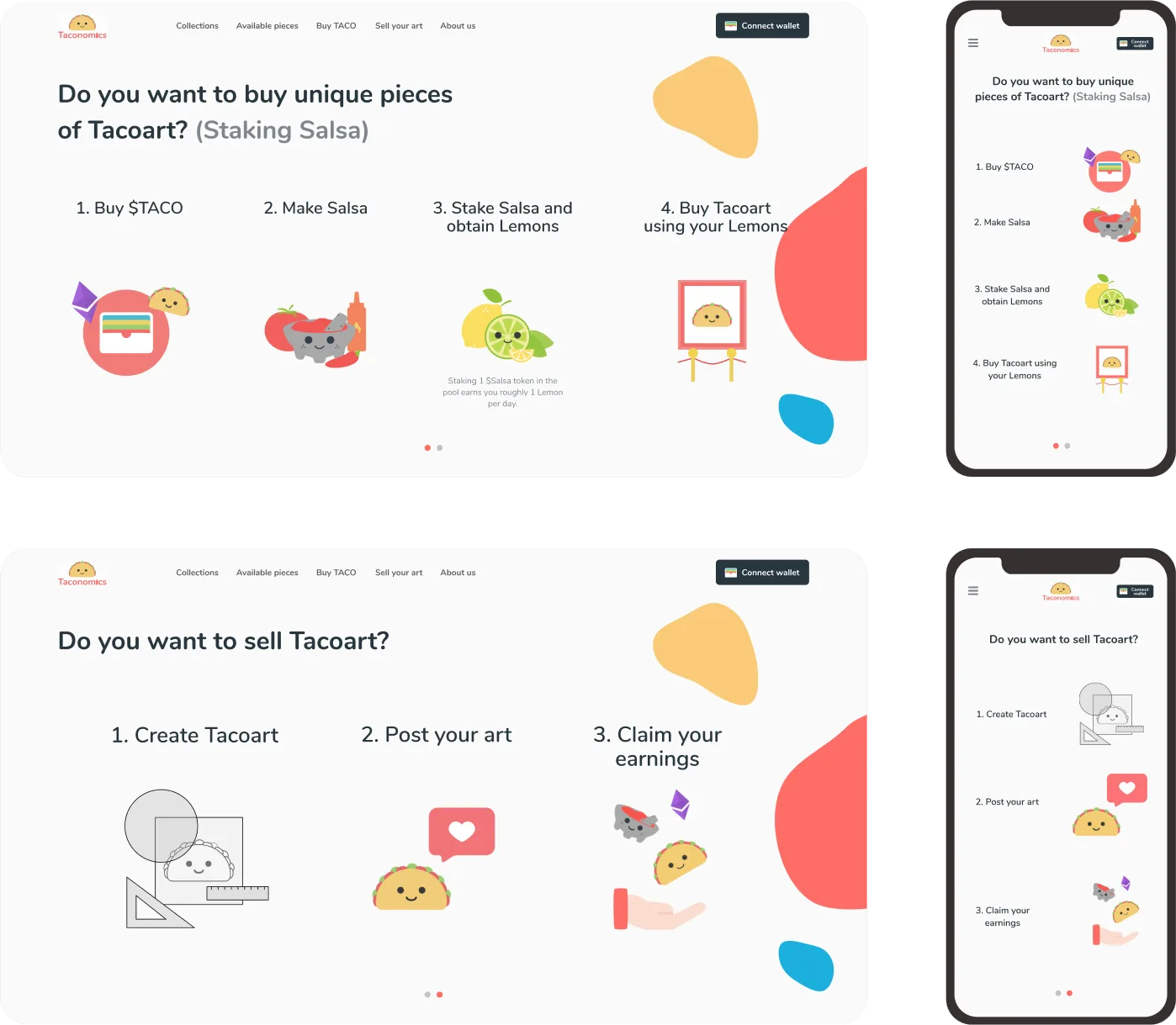 Taconomics home sliders for buying and selling art, on desktop and mobile